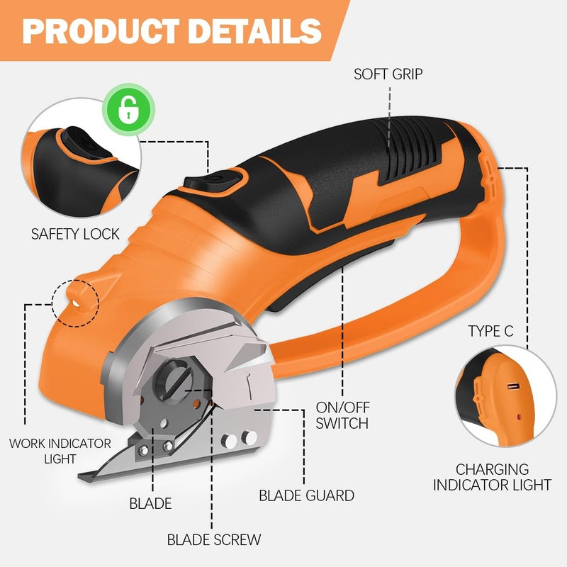 Pratuor Cordless Electric Scissors, 4V Box Cutter & Cardboard Cutter with 2 Titanium Blades - Rotary Cutter with LED Light for Fabric, Leather, Carpet, Plastic, Crafting + Storage Case (Orange) - Image 5